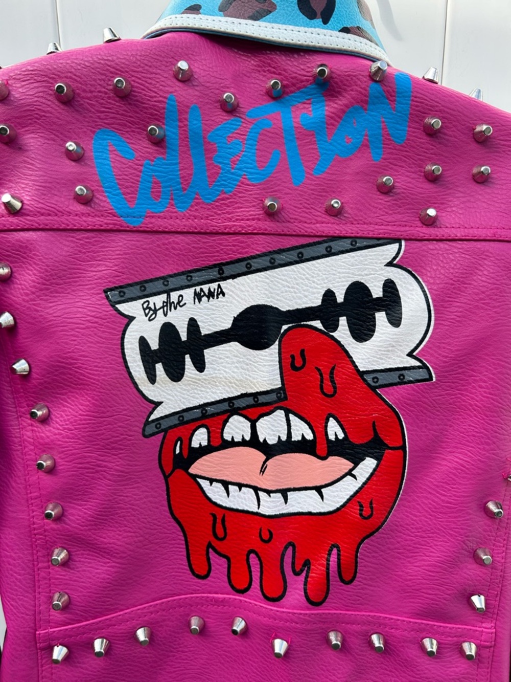 Street Punk Pleather Studded Black & Pink Graphic Biker Moto Jacket | Size XL - Picture 10 of 14